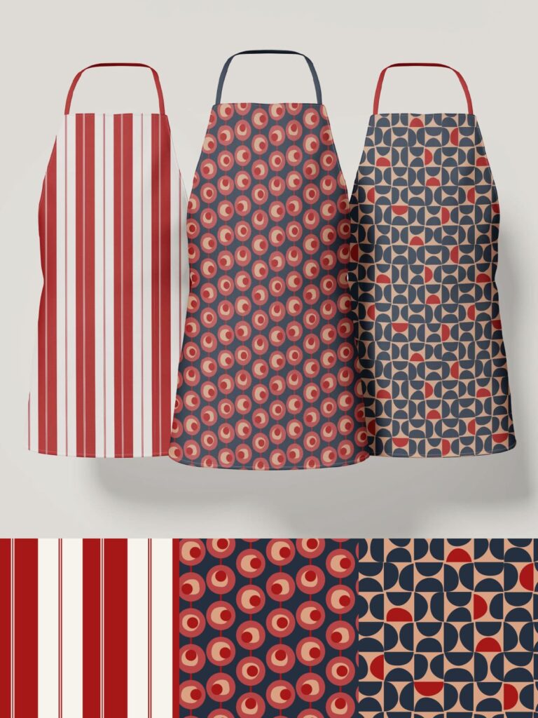 Summer Fair Aprons in Red Stripe, Blue Fish Eyes, and Pink Hour Glass